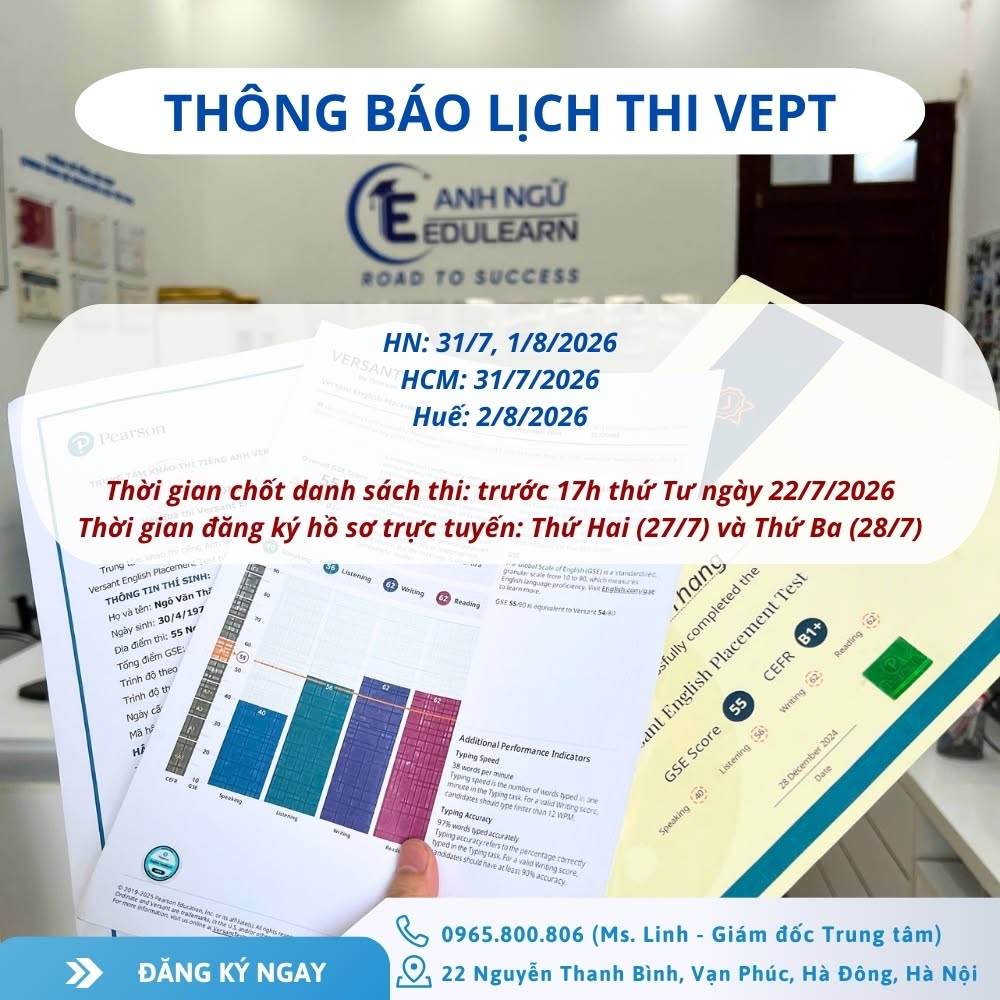 CẬP NHẬT LỊCH THI CHỨNG CHỈ VEPT CUỐI THÁNG 7/2026