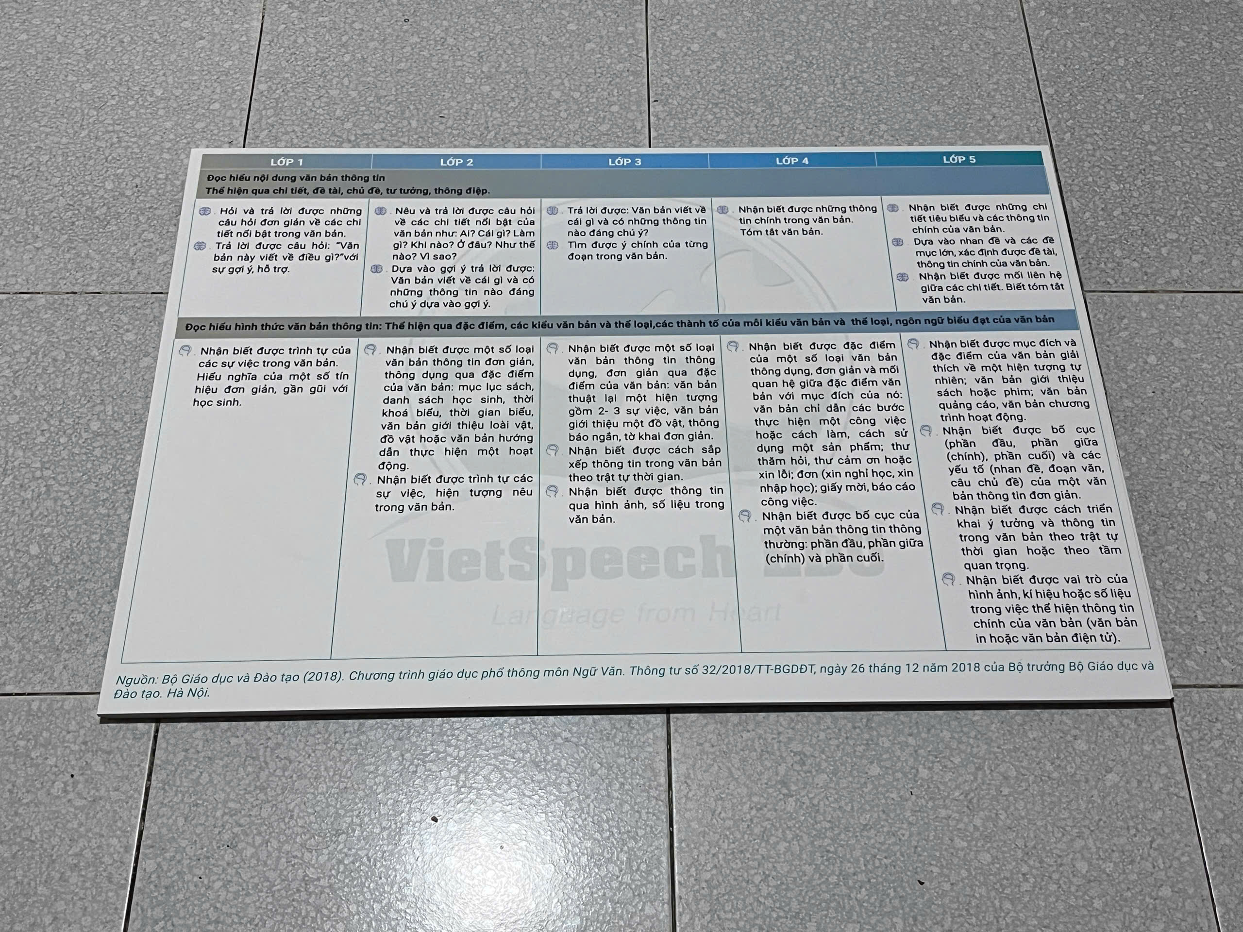 POSTER Yêu cầu cần đạt môn Tiếng Việt cấp Tiểu Học (bộ 5 tranh A0)