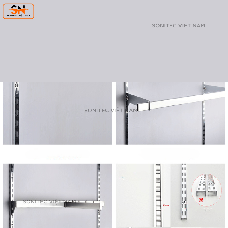 Thanh Ray Gắn Tường Đôi A2 – Ray Đôi Làm Kệ Trưng Bày – Thép Mạ Inox, Bền Đẹp