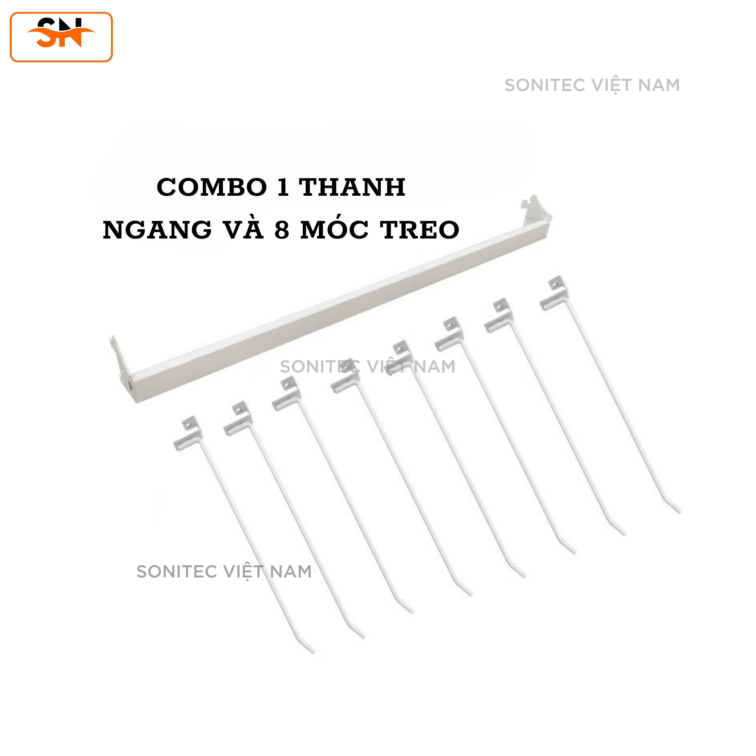 Combo 1 Thanh Ngang Và 8 Móc Treo Cài Kệ Tôn Lỗ – Phụ Kiện Trưng Bày Gắn Kệ Siêu Thị