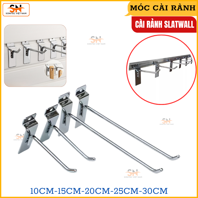 Móc Treo Cài Rãnh Slatwall – Móc Treo Phụ Kiện, Treo Đồ Shop – Đa Kích Thước, Chống Gỉ, Dễ Lắp Đặt