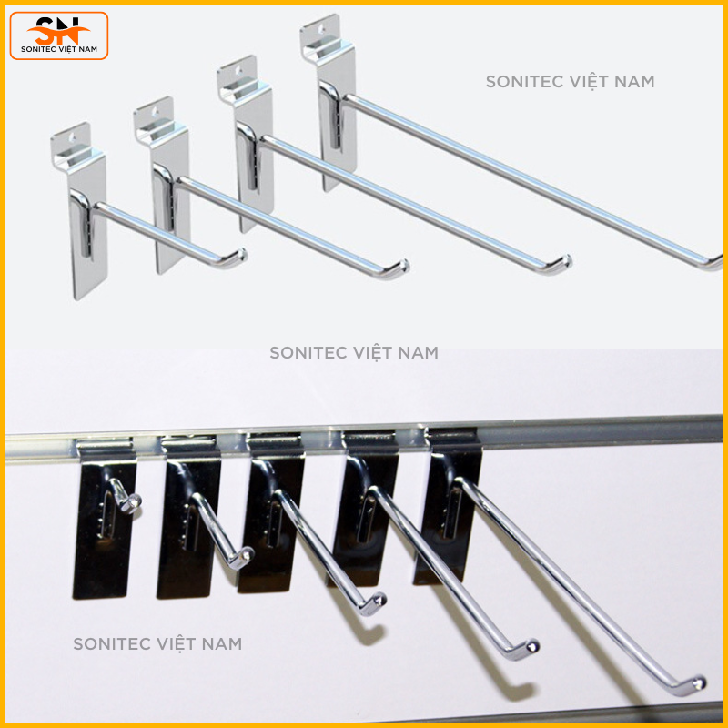 Móc Treo Cài Rãnh Slatwall – Móc Treo Phụ Kiện, Treo Đồ Shop – Đa Kích Thước, Chống Gỉ, Dễ Lắp Đặt