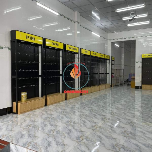 Kệ Treo Ốp Lưng – Phụ Kiện Điện Thoại Có Tủ | Khung Sắt + Hộp Đèn Logo LED