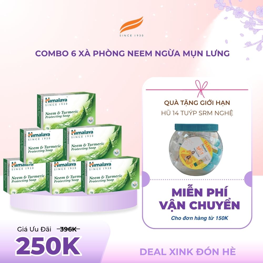 [MUA 6 TẶNG HŨ NGHỆ] Combo 6 xà phòng giảm mụn cơ thể từ lá neem Himalaya Neem & Tumeric Soap (6 BÁNH+ 1 HŨ SRM NGHỆ 14 TUÝP)
