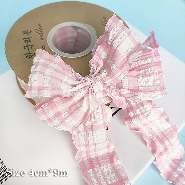 Cuộn ruy băng nhăn + họa tiết caro hồng (4cm*9m)