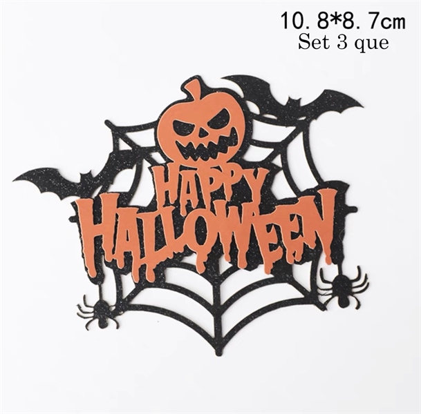 Set 3 que cắm Happy Halloween + bí ngô + dơi + mạng nhện