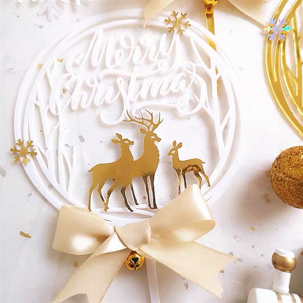 Que mica GS Merry Xmas vòng tròn trắng + tuần lộc vàng