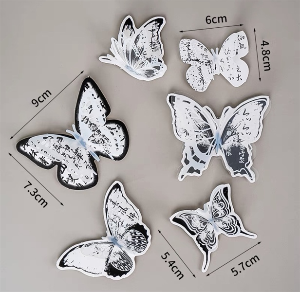 Set trang trí cao cấp 6 con bướm thư pháp (đen trắng)