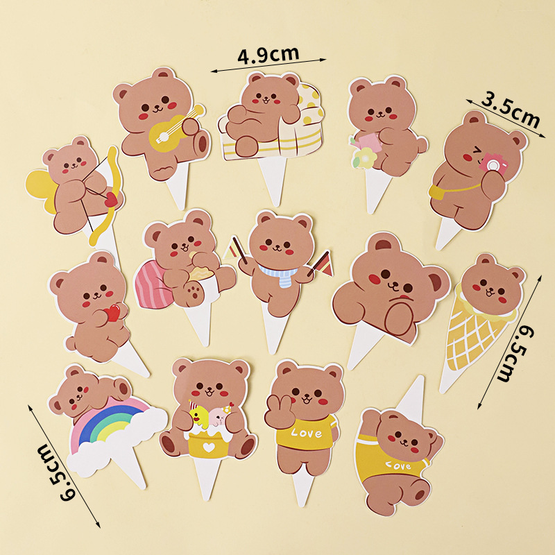 10 set cắm tag hình 14 con gấu nâu nhạt tinh nghịch