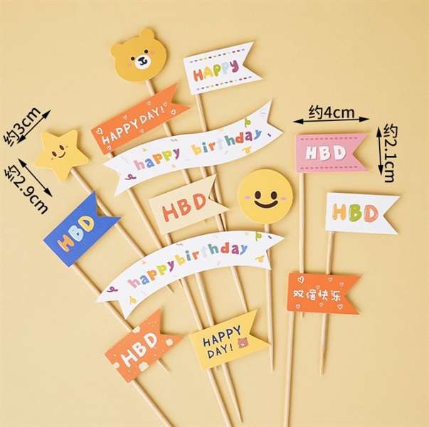 Set 14 que cắm HPBD nhiều màu + gấu + mặt cười (QCG)