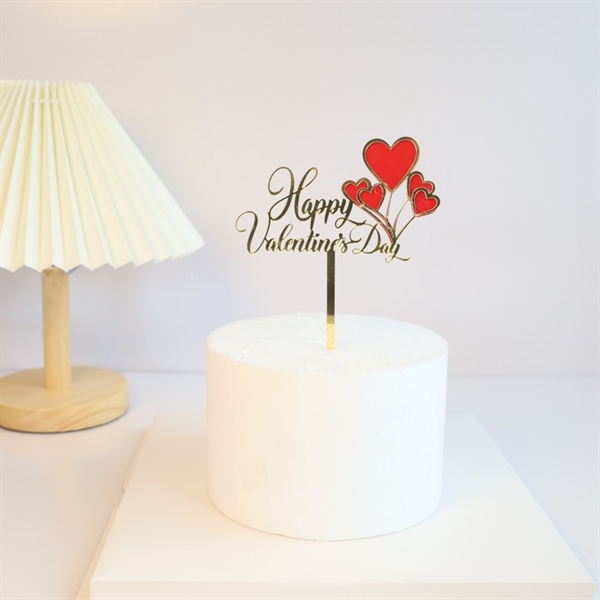 Topper mica Happy Valentine's Day + chùm bóng bay tim đỏ
