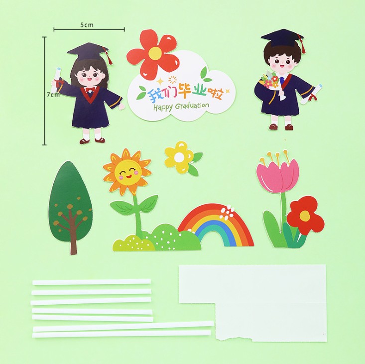 Set 7 que cắm hình cô bé + cậu bé tốt nghiệp + hoa + cầu vồng