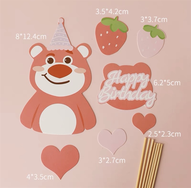 Set 7 que cắm HPBD gấu hồng Lotso + dâu tây + tim (QCG)