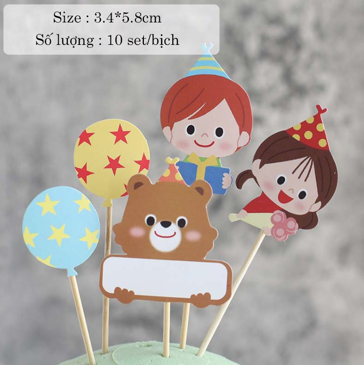 Set 10 bộ 5 que cắm cô bé + cậu bé + gấu nâu + bóng bay (QCG)