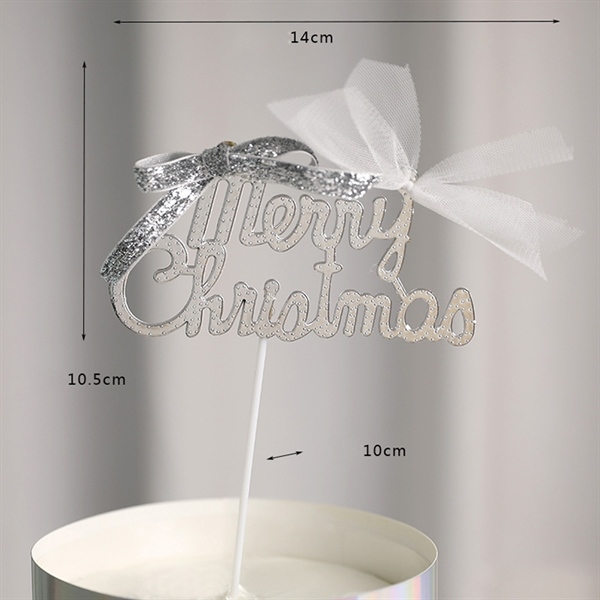 Que cắm GS Merry Christmas chữ bạc + nơ trắng + nơ bạc