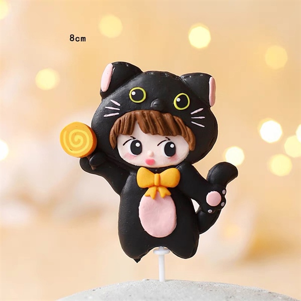 Trang trí gốm mềm Halloween bé gái mặc áo mèo đen