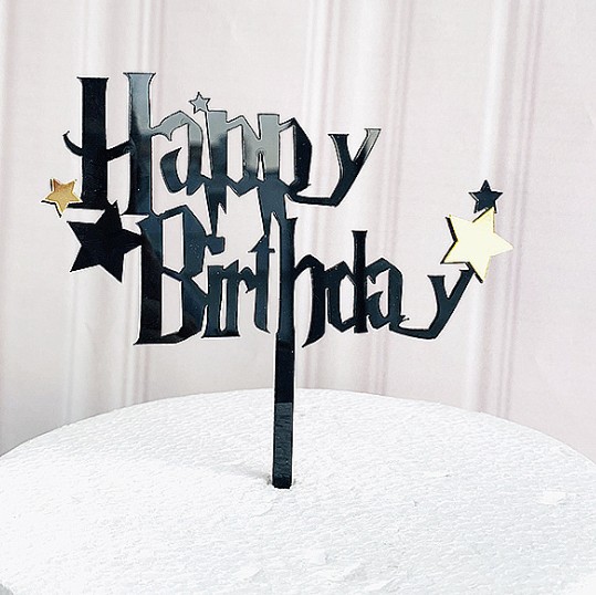 Topper mica HPBD chữ in đen phong cách Harry Porter + sao