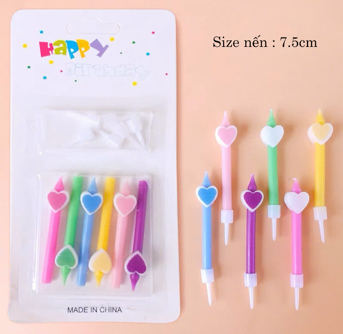 Set vỉ nến 6 que sắc màu hình trái tim nhỏ