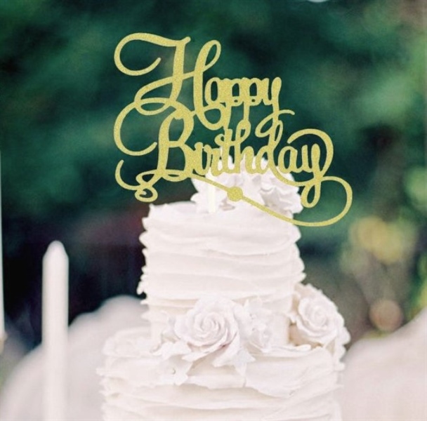 Topper giấy HPBD chữ uốn vàng