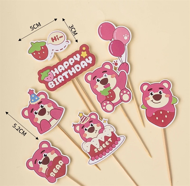 Set 8 que cắm giấy HPBD gấu hồng Lotso cầm bóng bay (QCG)