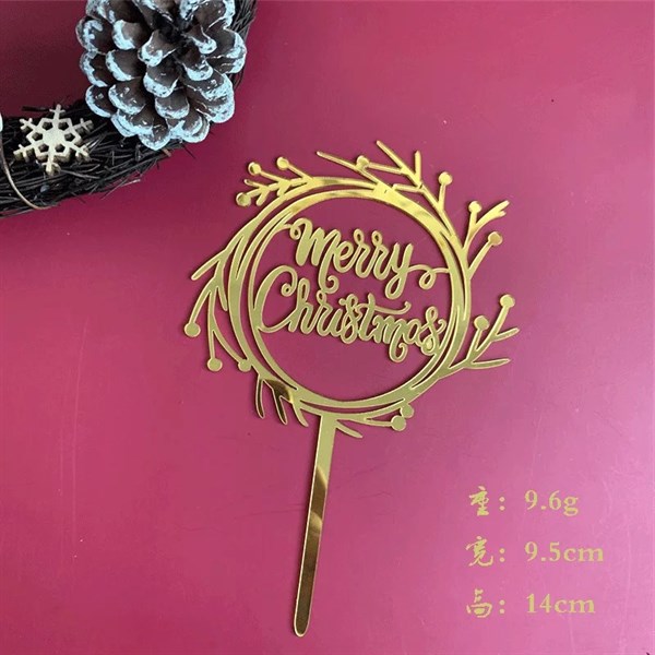 Topper mica GS Merry Xmas vòng lá vàng
