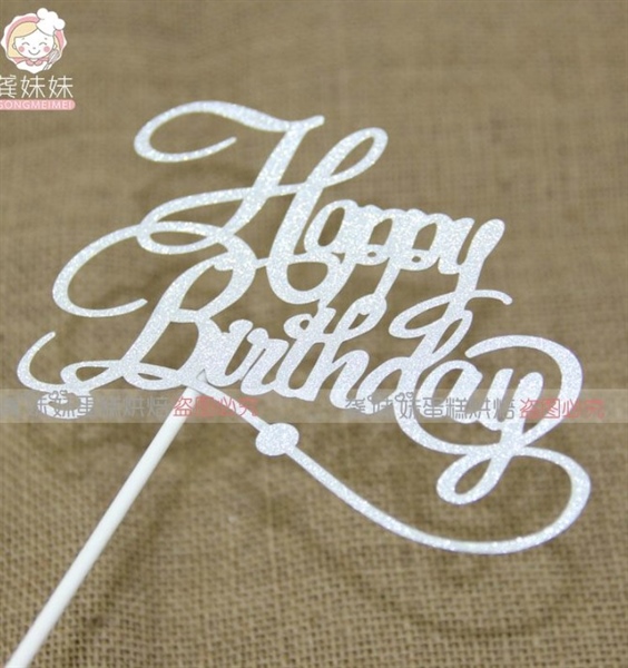 Topper giấy HPBD chữ uốn bạc