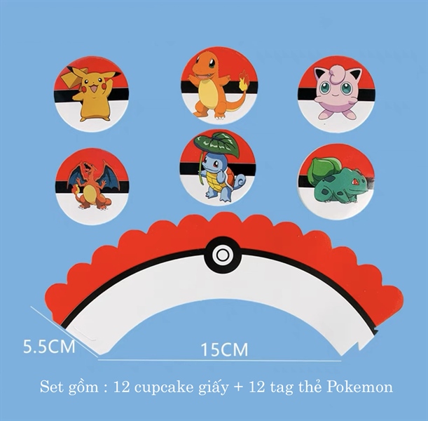 Set 12 tag cắm Pokemon + 12 cupcake Poke