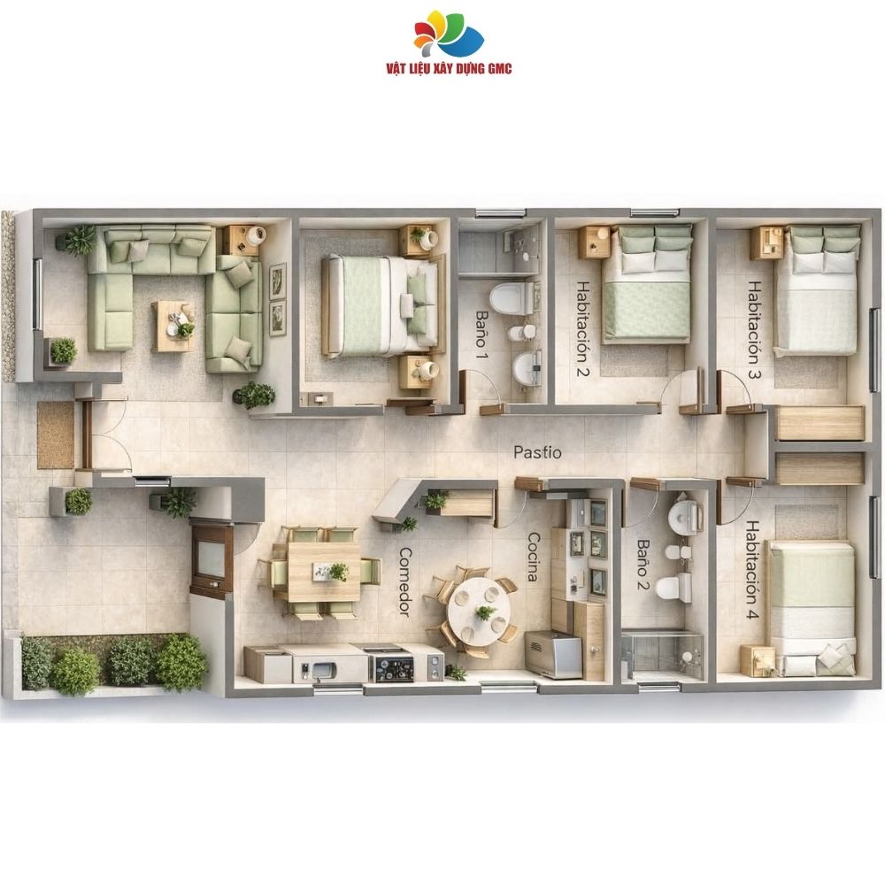 Mẫu nhà cấp 4 4 phòng ngủ 120m²