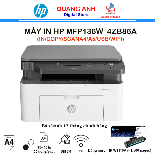 Máy in laser đen trắng đa chức năng HP Laser MFP 136w 4ZB86A (In| Copy| Scan| A4| A5| USB| WIFI)