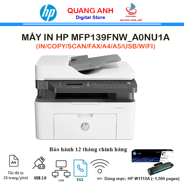 Máy in laser đen trắng đa chức năng HP MFP 139fnw A0NU1A (In | Copy | Scan | Fax A4 | A5 | USB | LAN | WIFI)