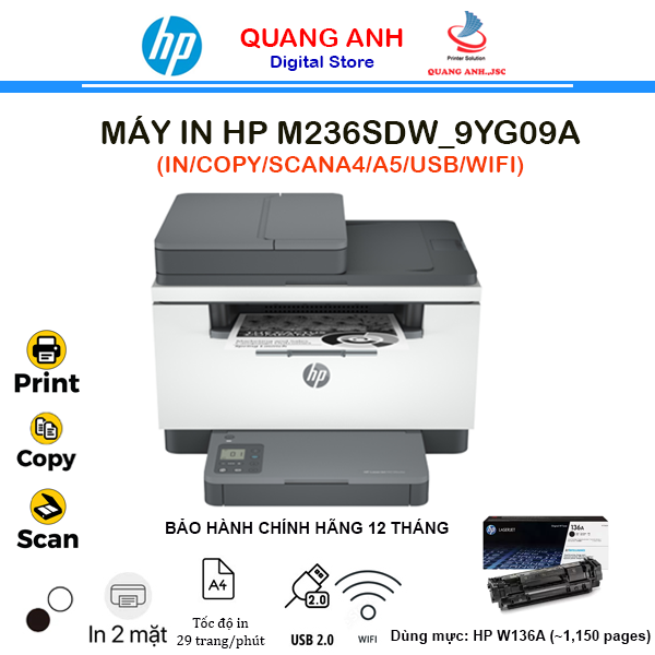 Máy in Laser đen trắng đa năng HP M236sdw 9YG09A (In 2 mặt| Scan ADF 1 mặt| Copy| A4| A5| USB| LAN| WIFI)