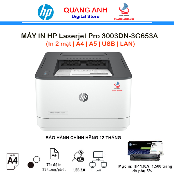 Máy in HP Laserjet Pro 3003DN Printer 3G653A (In 2 mặt | A4 | A5 | USB | LAN)