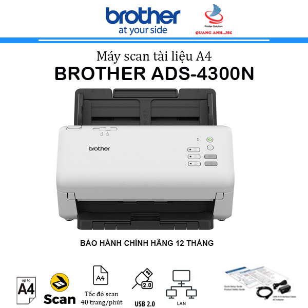 Máy Scan Brother ADS-4300N (scan 2 mặt | ADF 80 tờ | 40ppm/80ipm | A4 | USB | LAN)