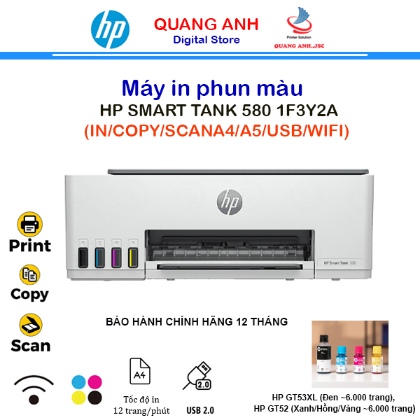 Máy in phun màu đa năng HP Smart Tank 580 1F3Y2A (A4 | In | Scan | Copy | USB | WIFI)