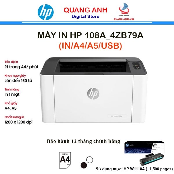 Máy in laser đen trắng HP 108A 4ZB79A (In| A4| A5| USB)