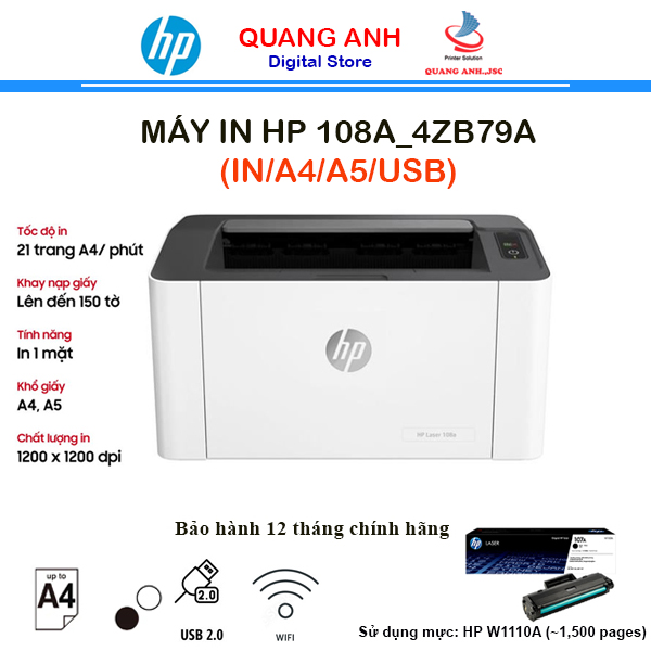 Máy in laser đen trắng HP 108W 4ZB80A (In| A4| A5| USB/WIFI)