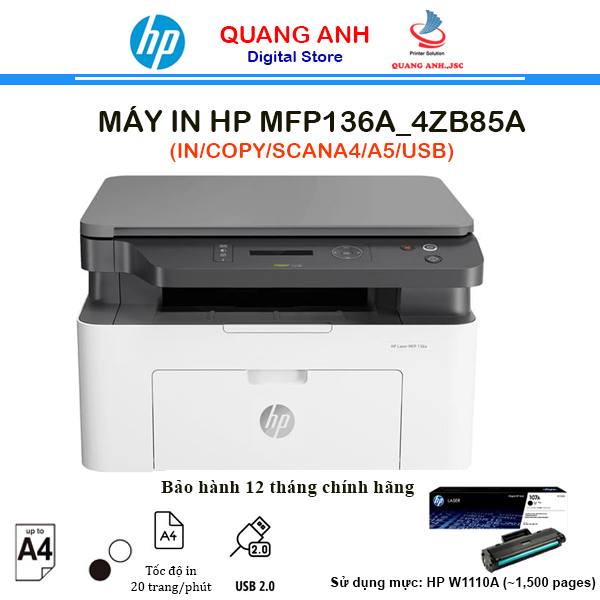 Máy in laser đen trắng đa chức năng HP Laser MFP 136a 4ZB85A (In| Copy| Scan| A4| A5| USB)