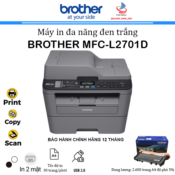 Máy in Laser đen trắng đa năng Brother MFC-L2701D (In 2 mặt | ADF 1 mặt | Copy | Scan | A4/A5 | USB)