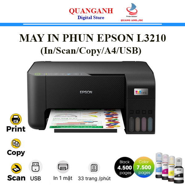 Máy in phun màu đa năng Epson L3210 (In, Scan, Copy, A4, USB)