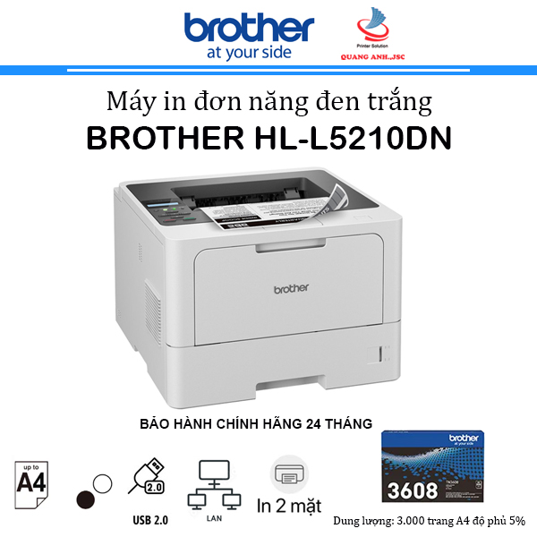 Máy in laser đen trắng Brother HL-L5210DN (In đảo mặt| A4| A5| USB| LAN)