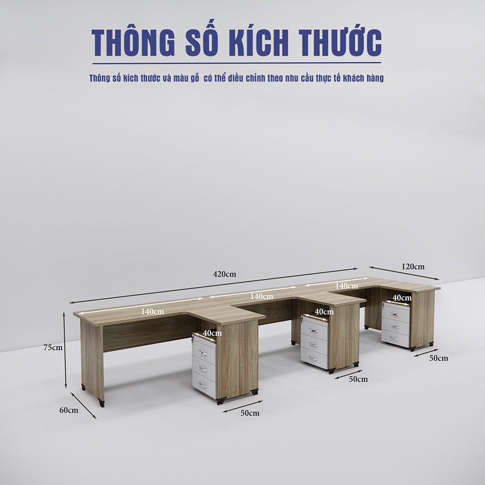 Kích thước chuẩn bàn cụm 3 SMBC3001 kích thước 420x140x75 cm chân gỗ MDF phủ Melamine;