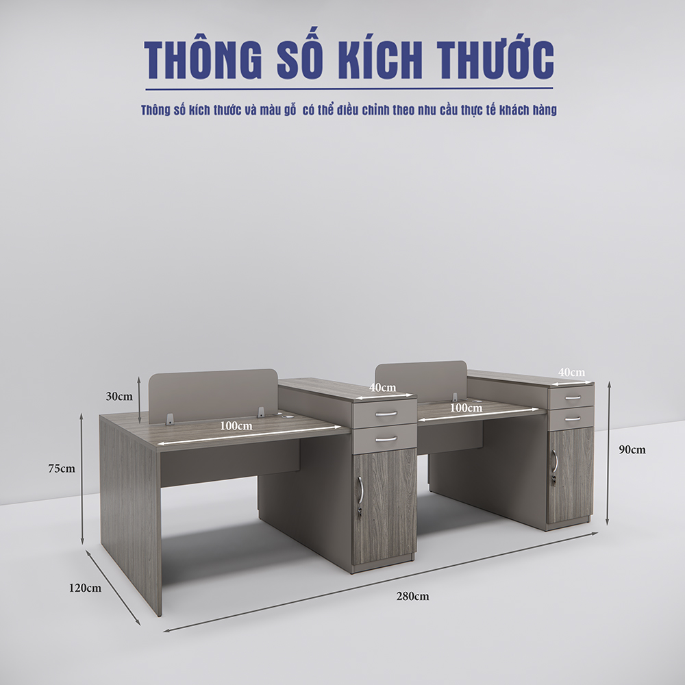 Bàn cụm 4 SMBC4002, kích thước 280x120cm, vách ngăn và tủ hồ sơ tiện lợi