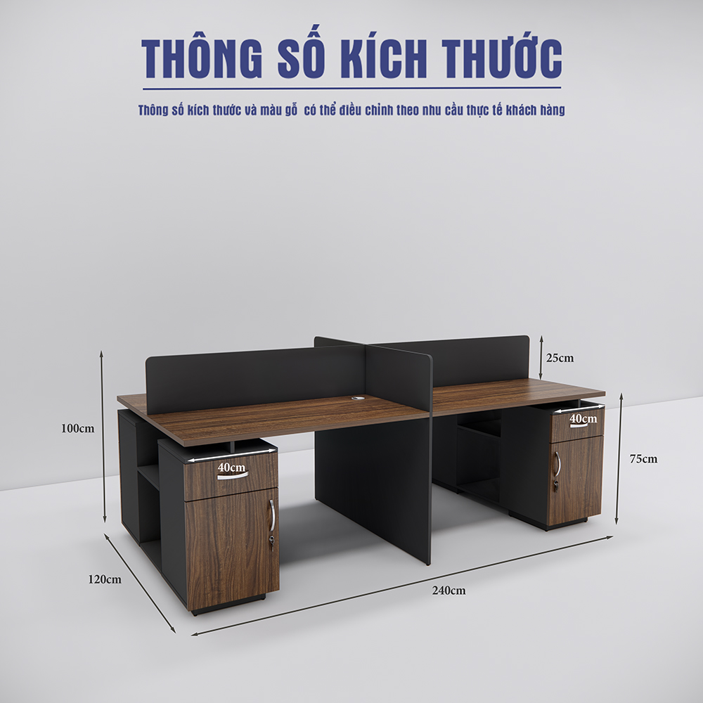 Bàn làm việc cụm 4 người SMBC4003, chân gỗ MDF phủ Melamin, thiết kế chắc chắn