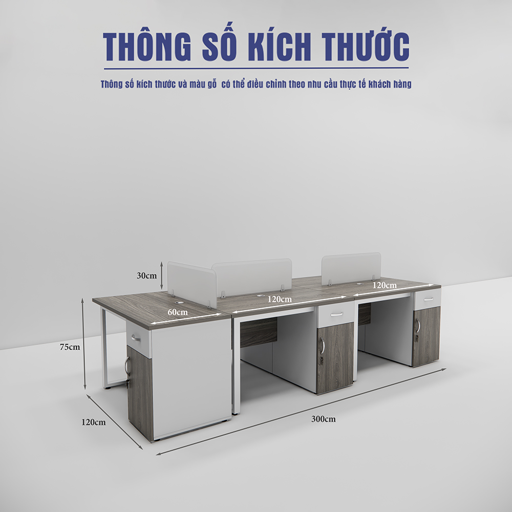 Bàn cụm 5 người SMBC5001 kích thước 300x120x75cm, chân sắt hộp tĩnh điện, mặt bàn Melamin chống nước