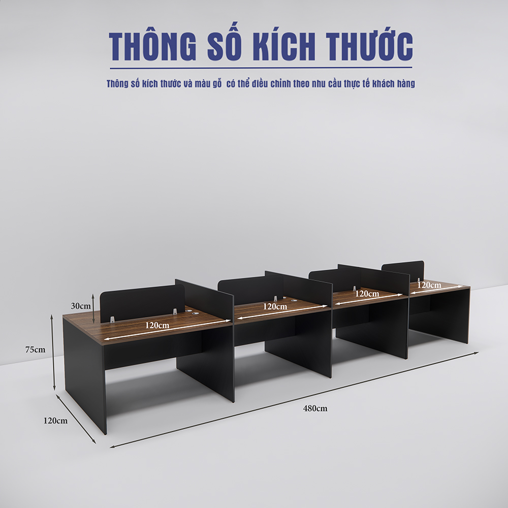 Bàn cụm văn phòng SMBC8002, kích thước 480x120x75cm, chất liệu MDF phủ Melamin chống trầy