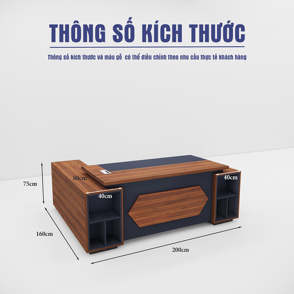 Bàn giám đốc BGDSM006, thiết kế chữ L, mặt bàn rộng, kệ sách hiện đại, MFC Melamine, màu sắc đa dạng, thiết kế hiện đại, bảo hành 2 năm.