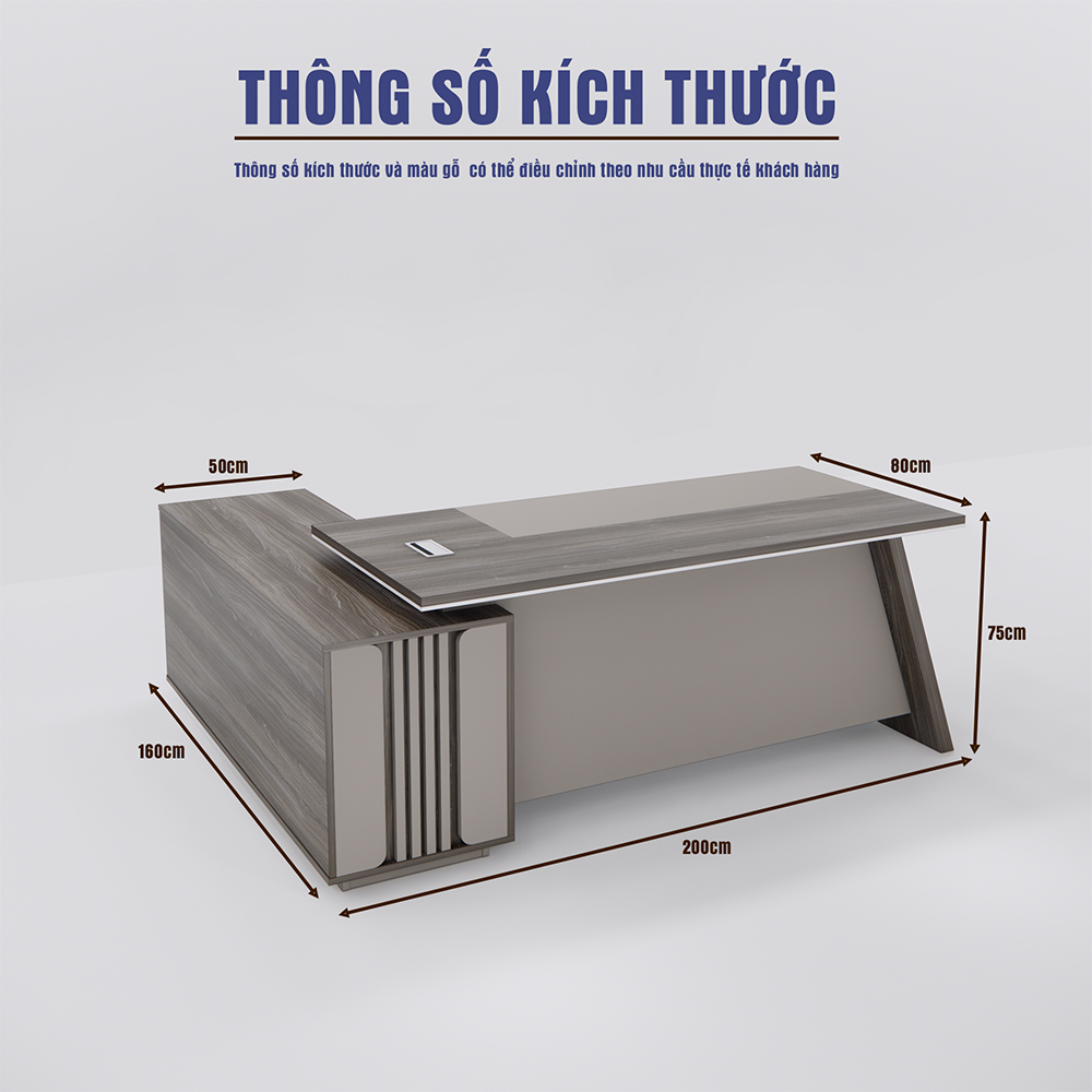 Bàn làm việc giám đốc BGDSM007, thiết kế chữ L tối ưu, mặt bàn xám, MFC Melamine, màu gỗ tùy chọn, bảo hành 24 tháng.