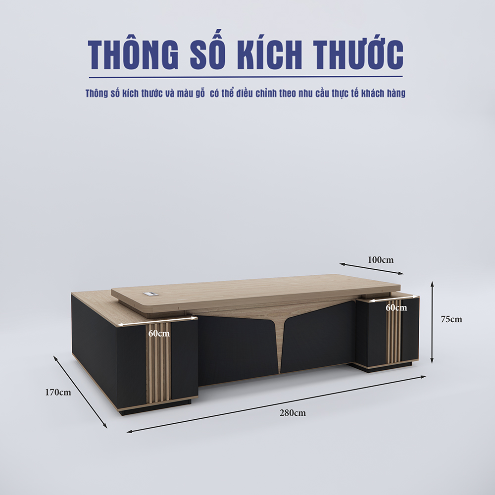 Bàn giám đốc BGDSM041 màu gỗ sáng hiện đại, thiết kế vuông vắn, bảo hành dài hạn.