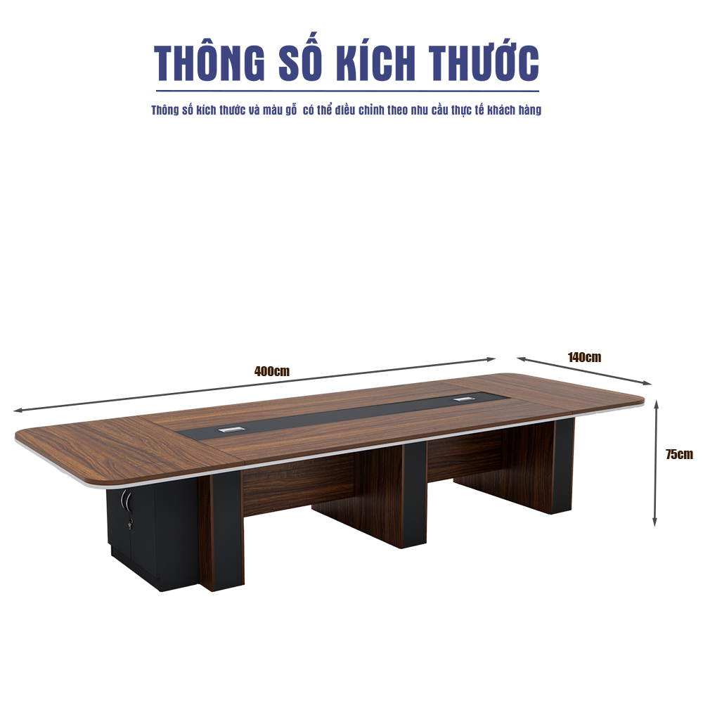 Bàn họp SMBHG017 chân hộp, có tủ lưu trữ, mặt bàn bo cạnh an toàn có kích thước