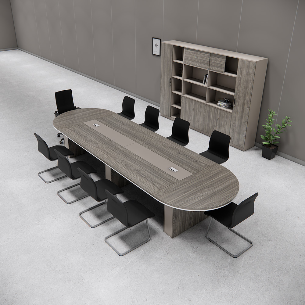 Bàn họp SMBHG023 dài 450cm, rộng 140cm, cao 75cm, mặt bàn oval, viền ốp 42mm, ổ điện tích hợp.